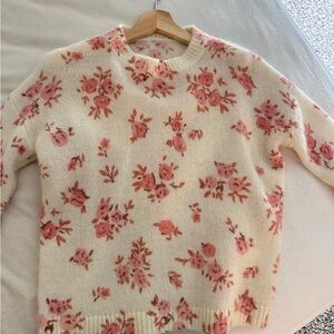 Sezane Cream and Pink Floral Crew Neck Sweater